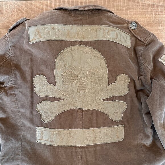 Affliction | Large Brown Corduroy Blazer Jacket Skull Grunge Military Live Fast - Picture 1 of 16